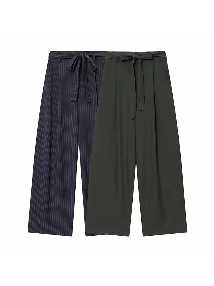 Women Fashion 2-Piece Set Single-breasted Sleeveless V-Neck Pinstripe Vest+Summer Pleated Loose Pocket Belt Zipper Pants