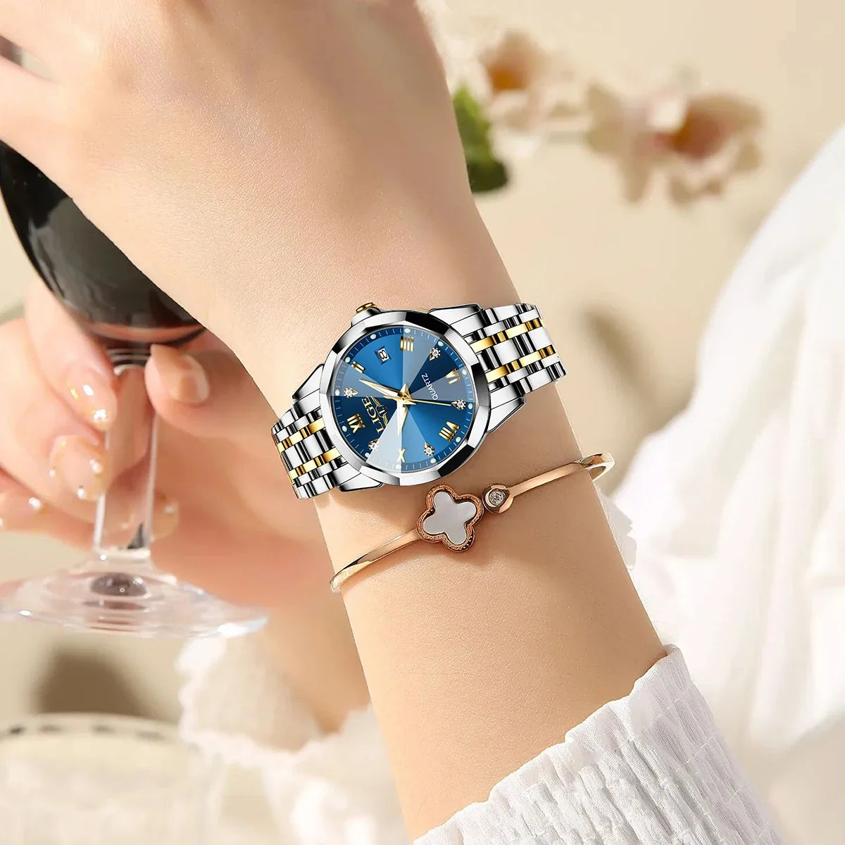 Women's Blue Sunburst Dial Two Tone Stainless Watch