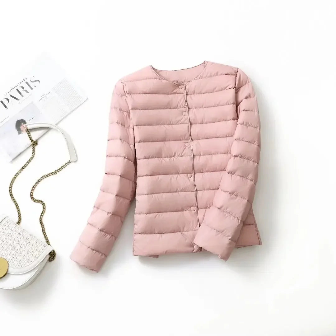 New Female Light Down Coat Women Liner Duck Down Jacket O-neck Variable V-neck 2024 Fall Collarless Light Quilted Puffer Coat