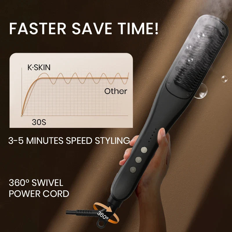 K·SKIN Negative Ion Steam Hair Straightener Brush 2 In 1 Straightening Curler Fast Heating Ceramic Anti‑Scald Hair Styling Comb