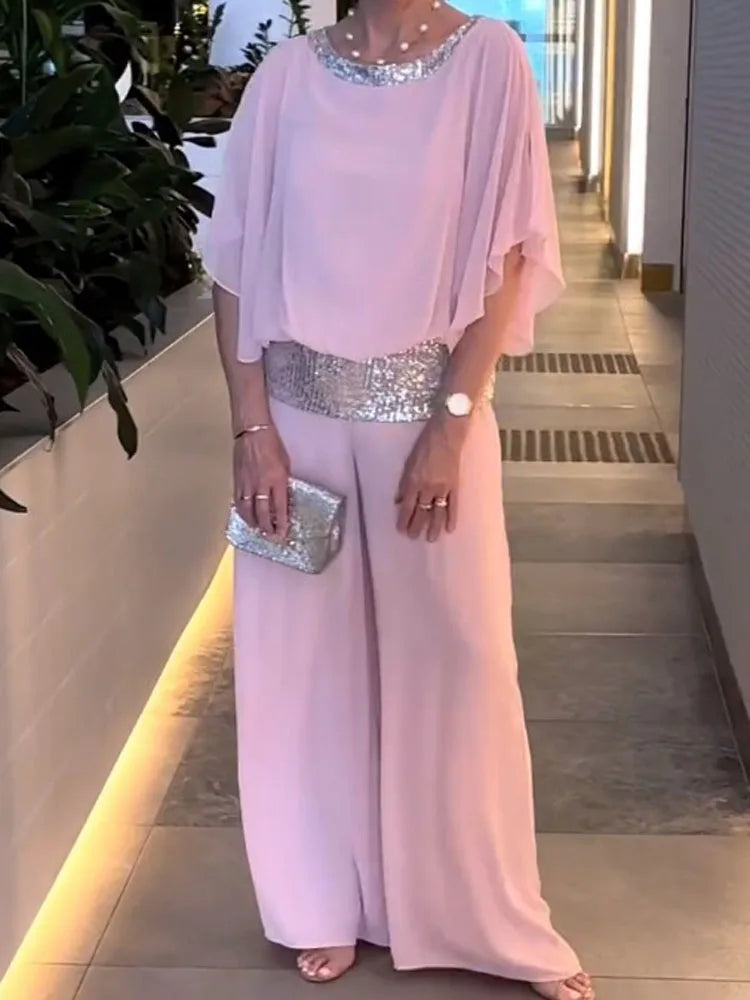 Women Sequined Patchwork Loose Batwing Blouse Pant Sets 2 pcs Sale Pink Loose Blouse&Wide Leg Loose Trousers Suits NMD-250310004