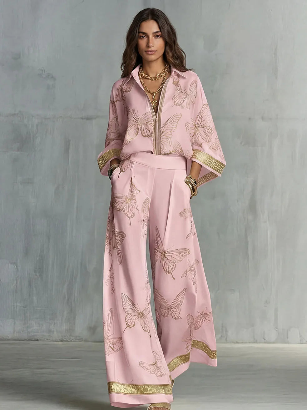 Fashion Set For Women Autumn 2026 New Loose Lapel Zipper Long Sleeve Coat Top Wide Leg Pants Two Piece Set Leisure Print Outfits