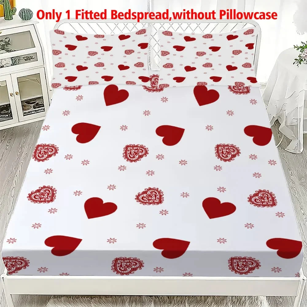 1pc Red Hearts Print Fitted Sheet Deep Pocket Elastic Mattress Cover