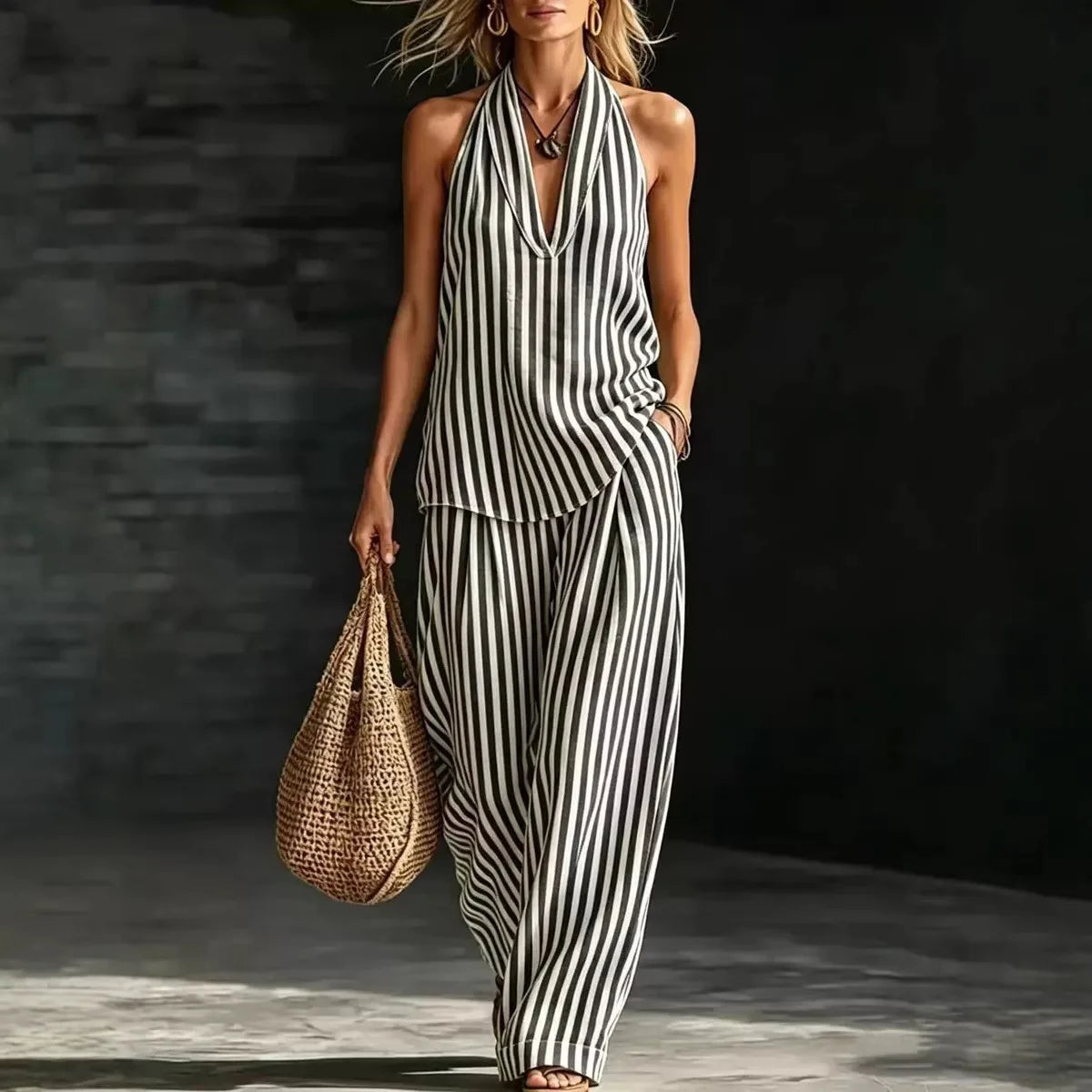 Women's Casual Two-piece Set Spring Summer Striped Wide-leg Pants Halter Top Cotton And Linen Two-piece Set For Women Clothing