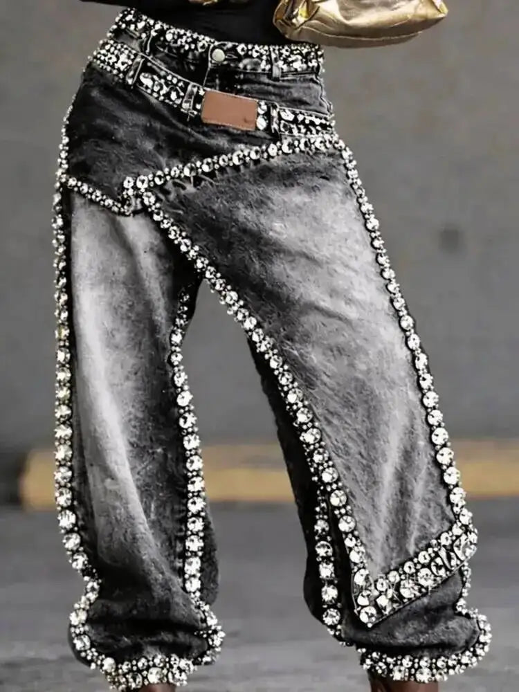 SHENGPALAE Women Jeans Wide Leg Layered Patchwork Washed Rhinestone Decor Asymmetric Streetwear Fashion Summer 2026 New 05E02954