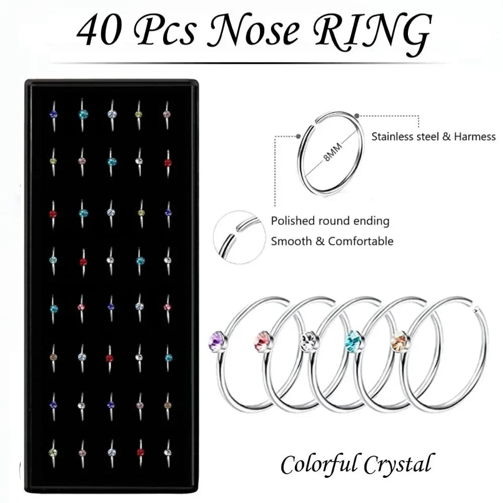 Fashion Crystal Stainless Steel Nose Stud Piercing for Women Hypoallergenic 1.8mm Nose Ring Straight/L/Screw Shaped Body Jewerly