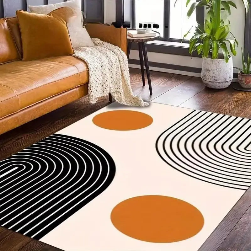 Low Pile Area Mat Modern Abstract Non Slip Black White Stripes Orange Circles Plush Dot Backing Machine Washable Living Room