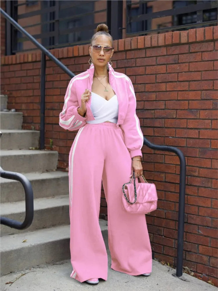 Fashion Splicing Striped Zipper Sports Suit Women'S Spring Autumn Thick Hoodie Casual Loose Wide Leg Trousers 2 Piece Set Female