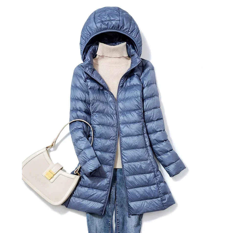 Plus Size Winter Womens Fashionable Outerwear Down Jackets Long Light Thin Coat Puffer Jacket Korean Slim Remove Hooded Parka