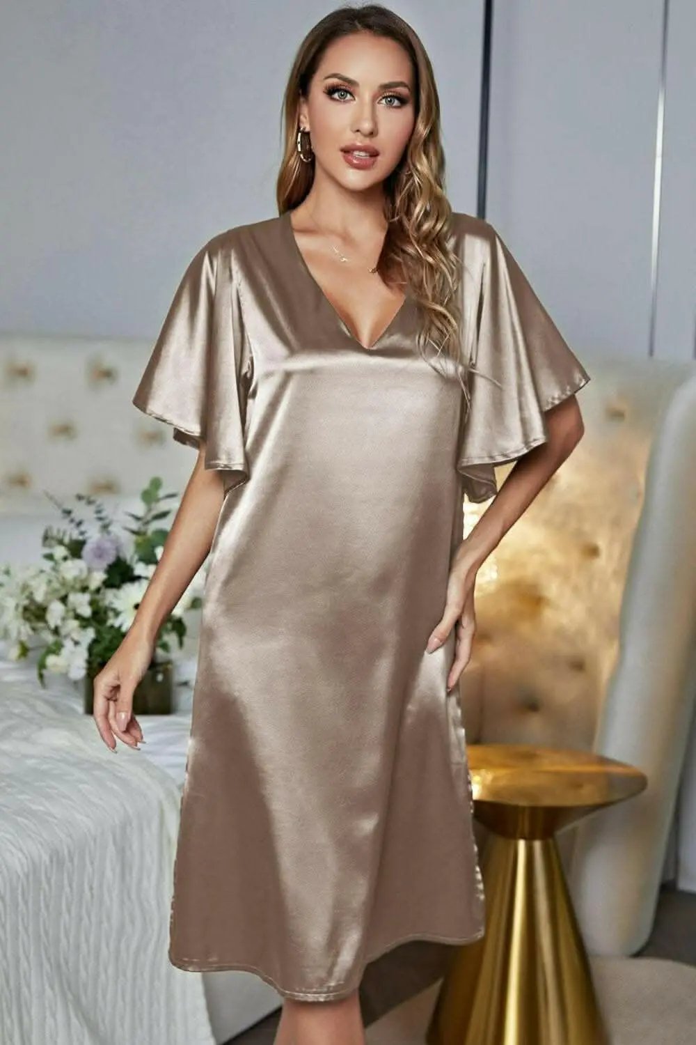 Satin Nightgown - V-Neck Flutter Sleeve - Elegant Sleepwear