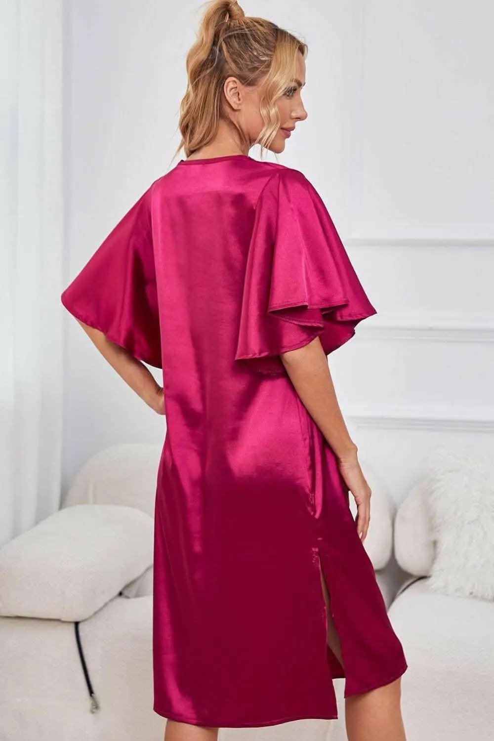 Satin Nightgown - V-Neck Flutter Sleeve - Elegant Sleepwear