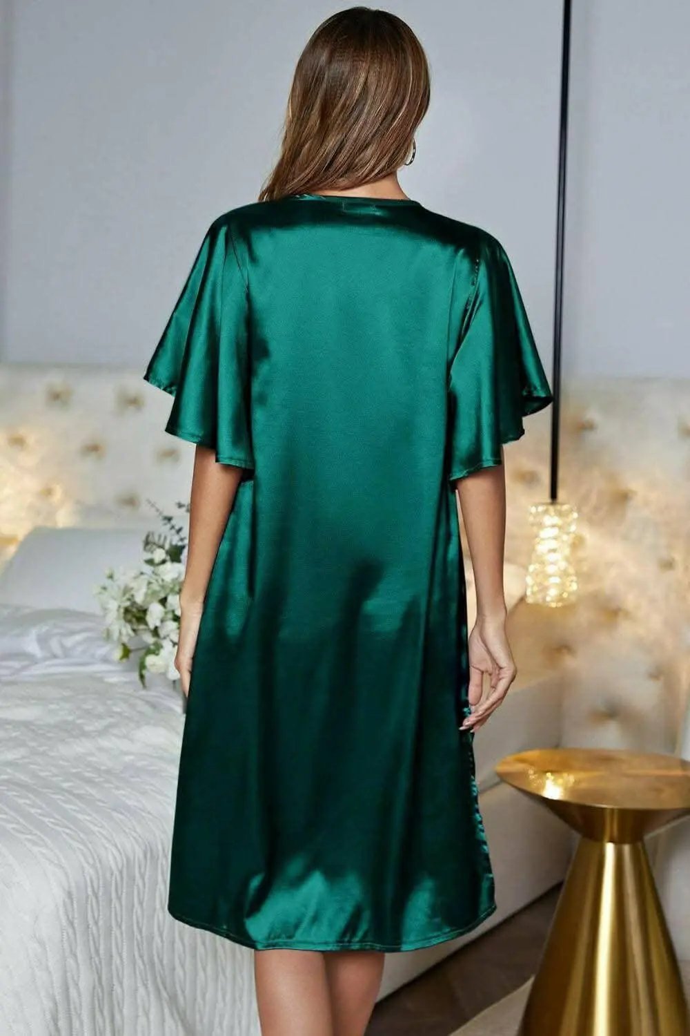 Satin Nightgown - V-Neck Flutter Sleeve - Elegant Sleepwear