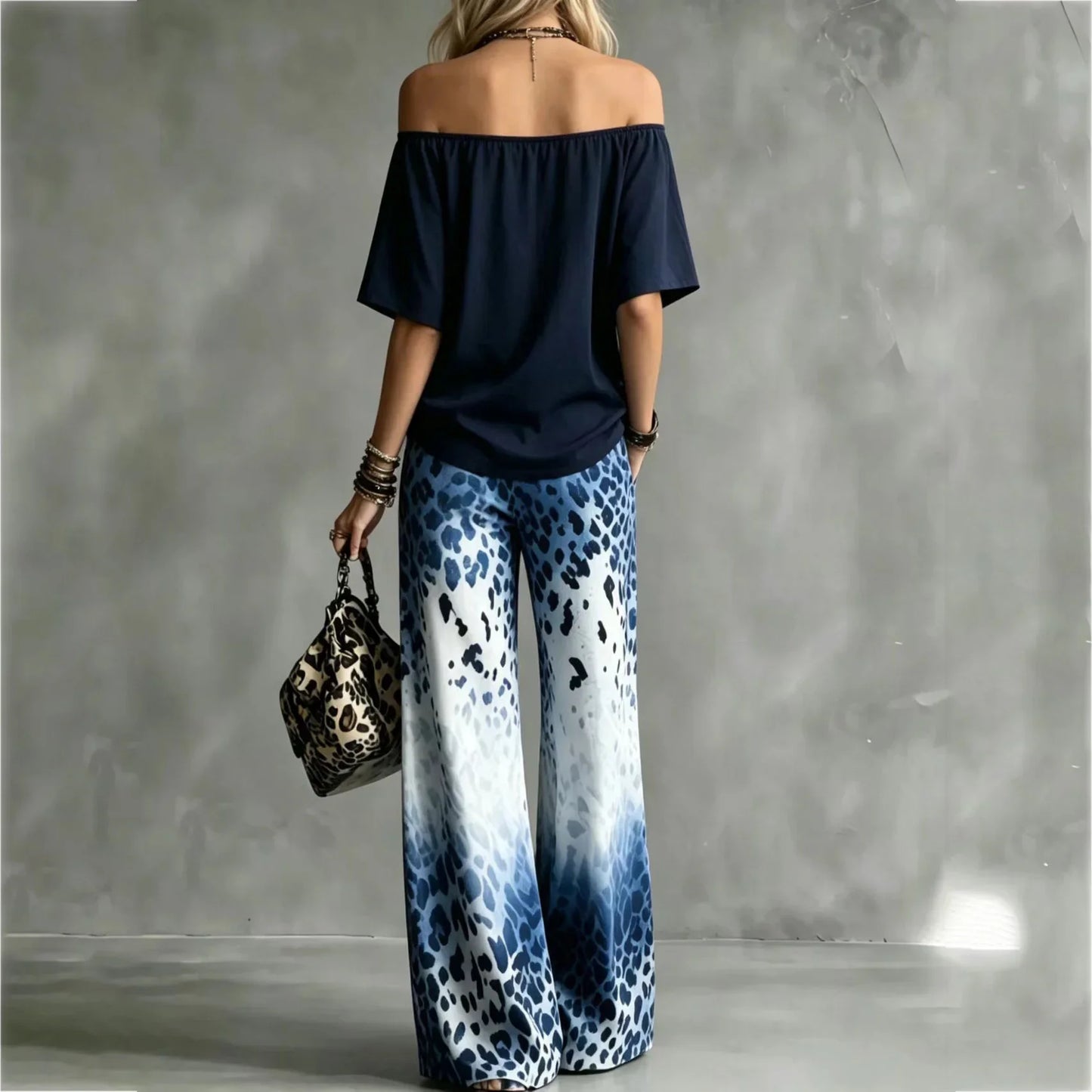 Summer Women Off Shoulder Short Sleeve Top Gradient Leopard Print Wide Leg Pants Two Piece Boho Casual Fashion Matching Suit New
