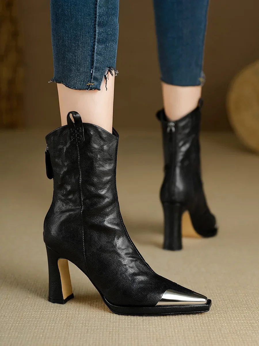 2024 New Metal Square Toe Ankle Boots for Women Fashion Patent Leather Women's Shoes Botas Mujer High Heels Shoes Women Zapatos