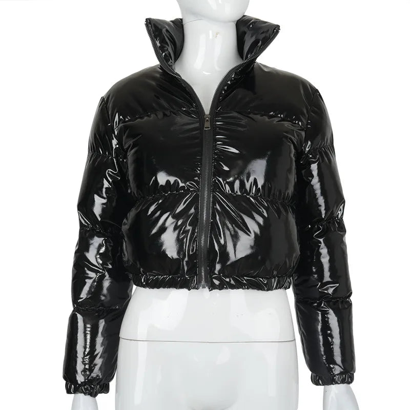 Fashion Cute Women Bright PU Pink Puffer Jacket Winter Warm Bubble Coats Shiny Leather Parkas Down Zipper Cropped Jackets Parkas