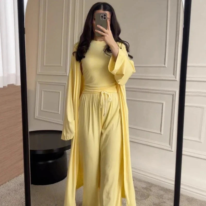 Pant Set Women Three Piece Sets Round Neck Short Sleeve Shirt Straight Pants Lace Up Long Robe Y2k Streetwear Work Casual 2026