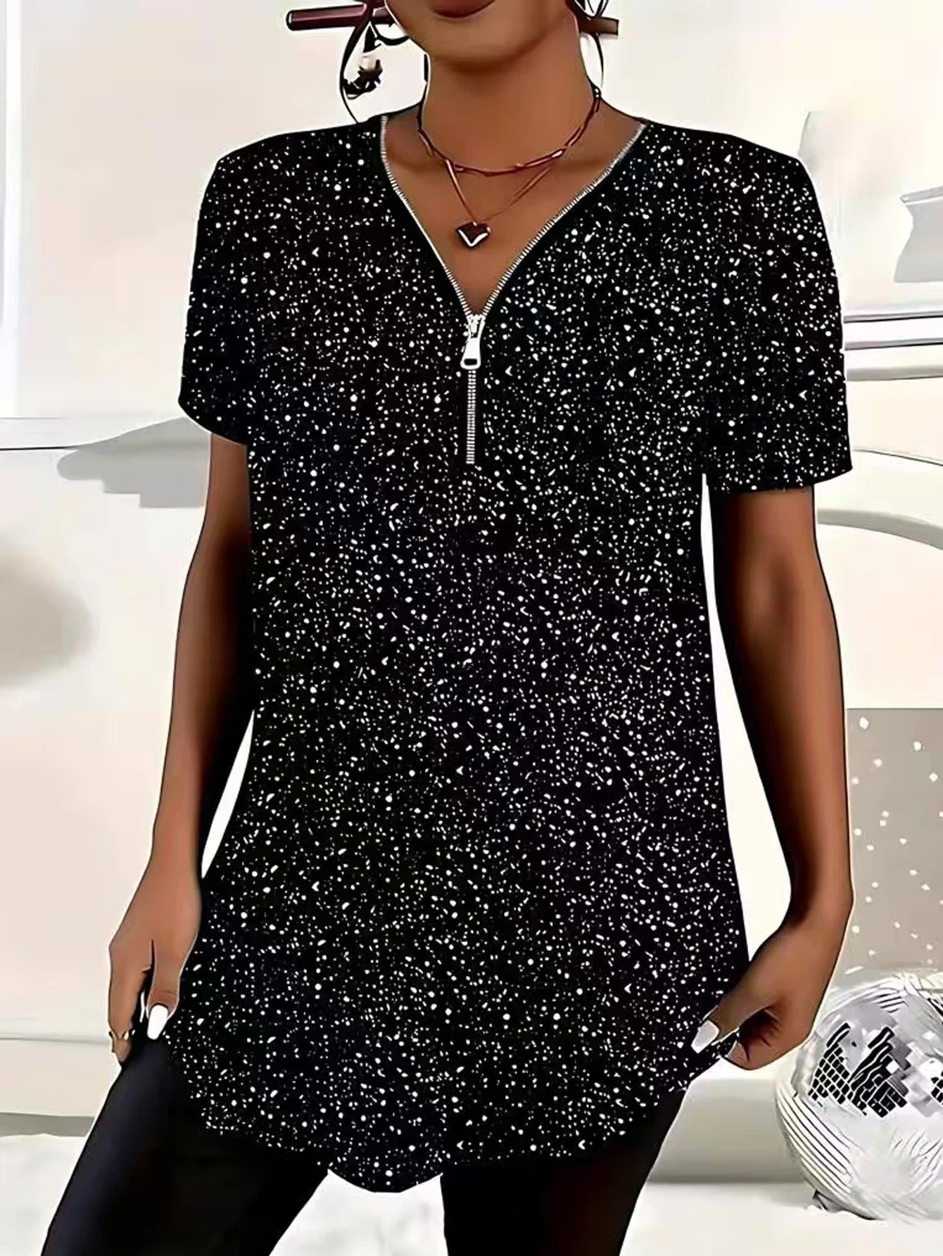 plus size women's summer new short sleeved casual polka dot top V-neck zipper curved hem T-shirt daily essential
