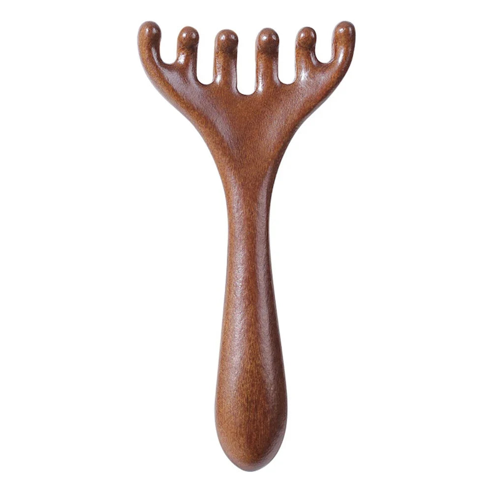 Natural Golden Sandalwood Six-Claw Scalp Massager Gua Sha Tool Back Scratcher Spa Handheld Meridian Massage Comb Hair Care