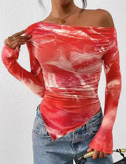 Women's Off-Shoulder Ruffled Sleeve Long-Sleeve Top with Asymmetrical Tie-Dye Mesh Asymmetrical Pleated Floral Print T-Shirt