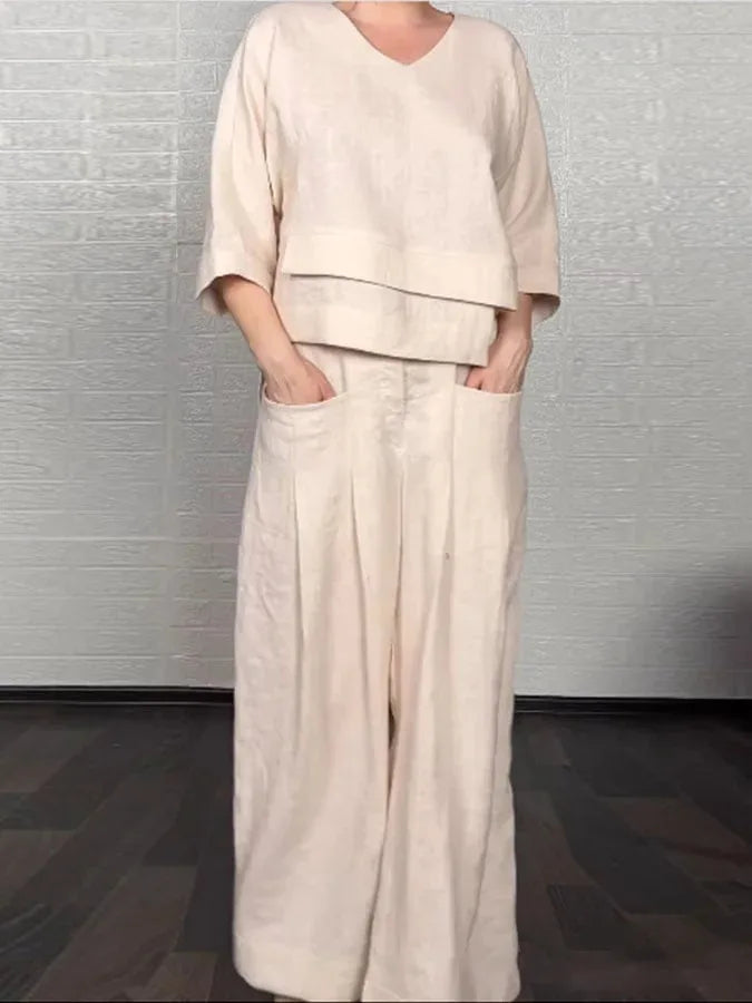 Casual Loose Irregular Cotton Linen Women's Top Set Spring Summer New Fashion Pocket Wide-leg Pants For Women Office 2-piece Set