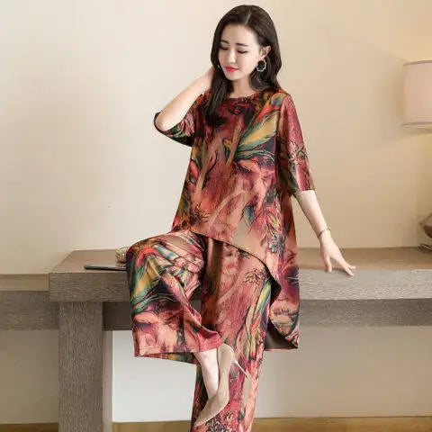 New Women Summer Loose Printed Set Lady Wide-Leg Pants Two-Piece Set Woman Casual Set Ladies Outwear Short-Sleeve Long Pants Set