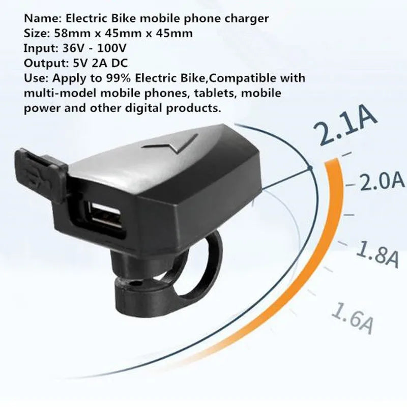 Electric Bicycle USB E-bike Charger Output 5V 2A For Mobile Phones Input DC 36V 48V 60V 72V Handlebar For Mid Hub Motor Kits