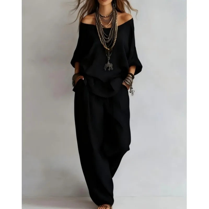 Summer New Casual Loose Linen Women's Two Piece Set Three-quarter Sleeve Off Shoulder Top Wide Leg Pants Suit Women Clothing