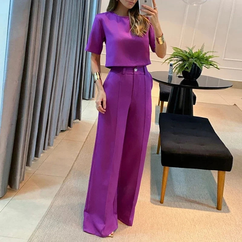 Fashion Office Lady Two Piece Sets O Neck Short Sleeve Short Shirt High Waist Straight Pants Suit Female Summer Outfits