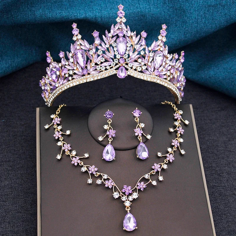 Baroque Wedding Crown for Bride 3-Pack Tiara Earrings Necklace Bridal