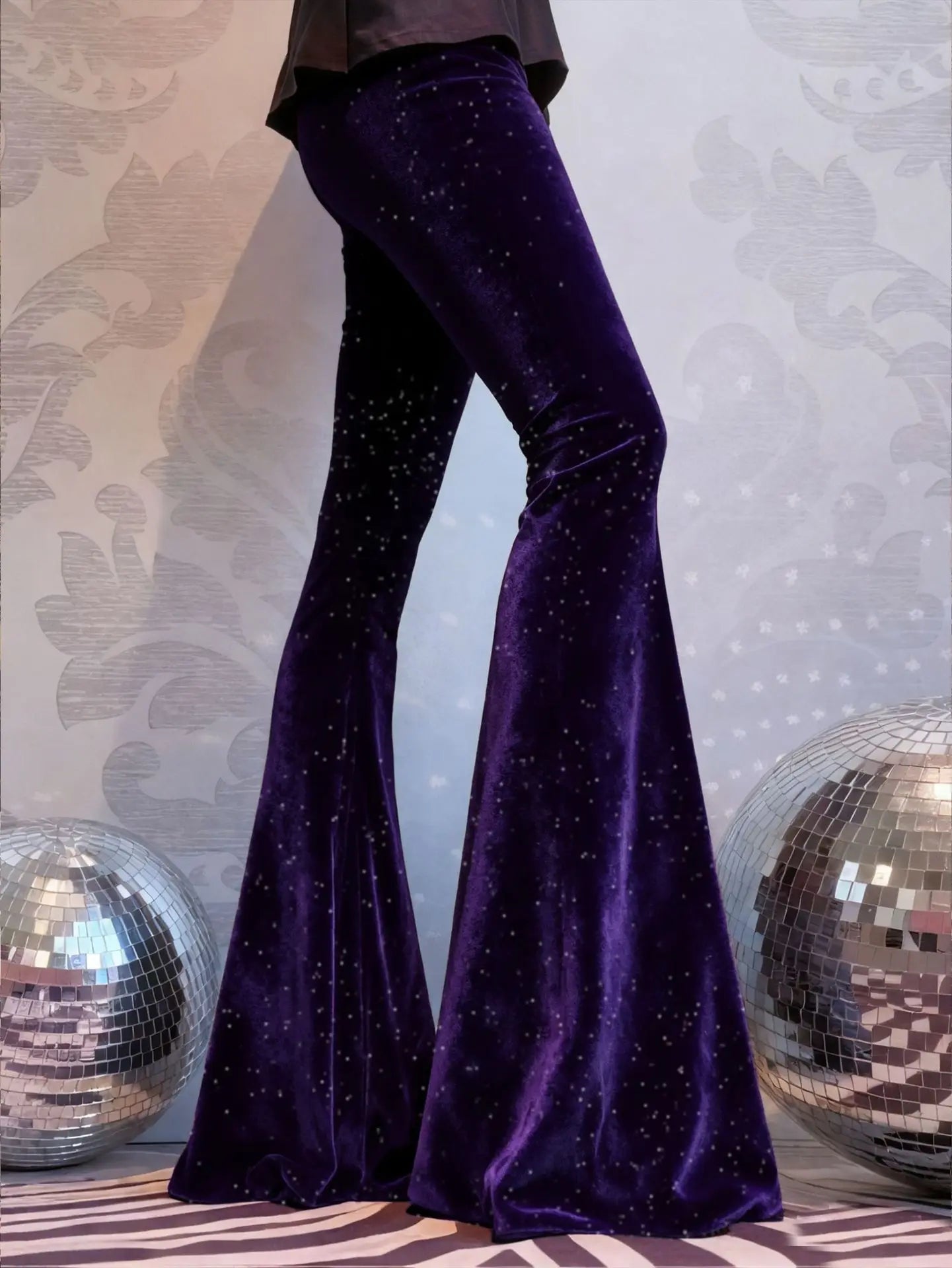 new European and American high-waisted slim shiny silver drape gold velvet bell-bottom casual pants