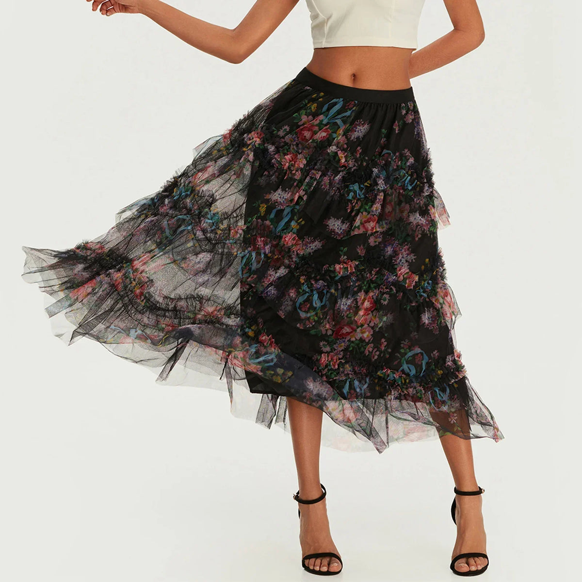 Early Fall Floral Print Ruffle Mesh Skirt Women Irregular Flowy A-line Midi Skirt for Travel, Beach, Shopping