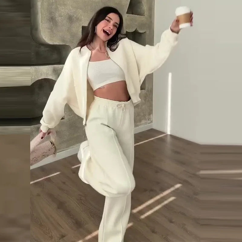 Fashion Women's Suit Zipper Trousers Round Neck Sweatshirt Wide Leg Trousers 2 Piece Set Conjuntos De Pantalón Fall Clothes 2025