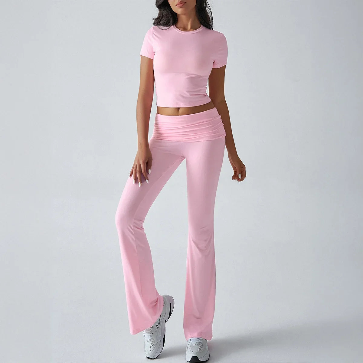 Women Casual Bodycon Two Pieces Set Short Sleeve Crop Top Slim High Waist Running Tracksuit Suit Summer Pants Outfit 2PCS