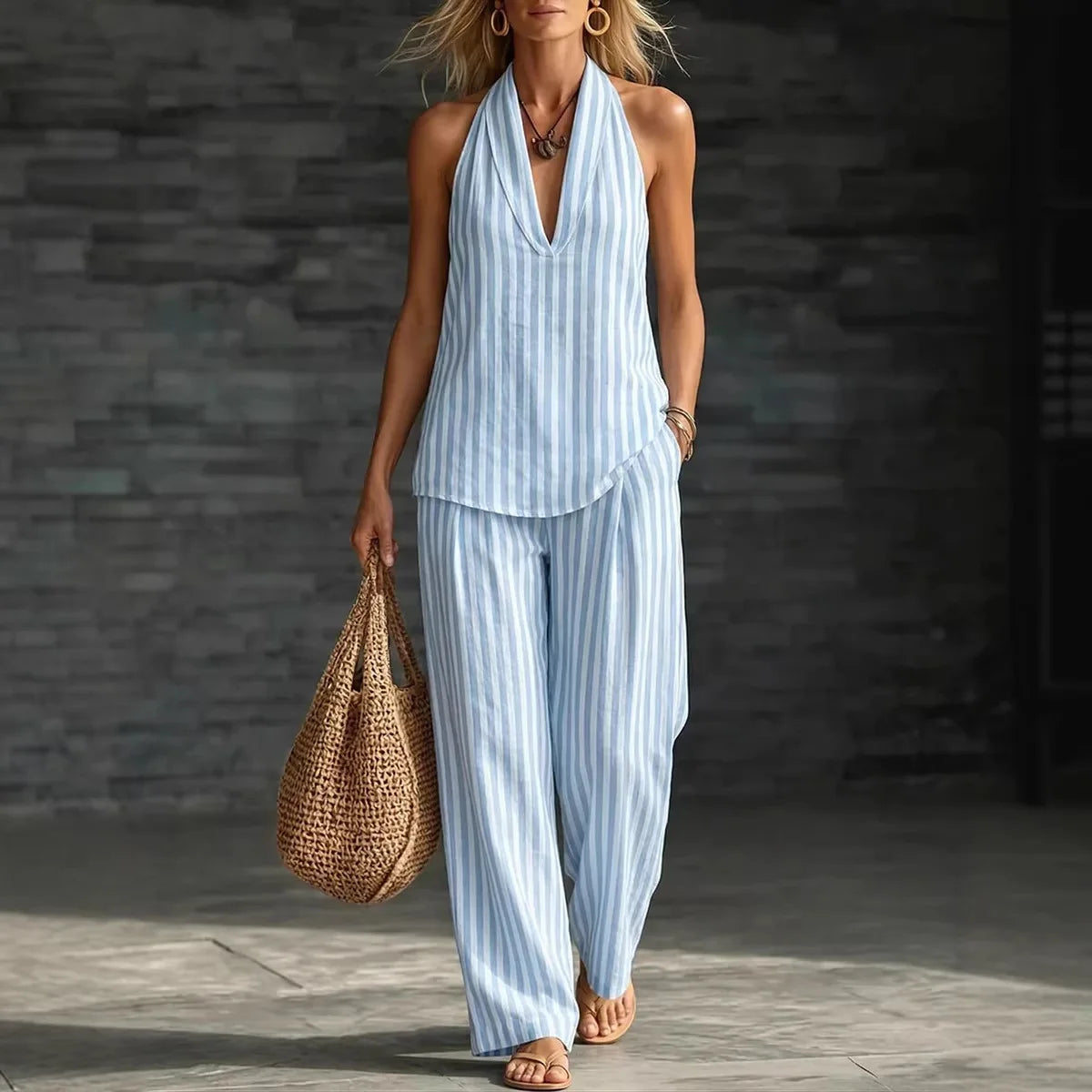 Women's Casual Two-piece Set Spring Summer Striped Wide-leg Pants Halter Top Cotton And Linen Two-piece Set For Women Clothing