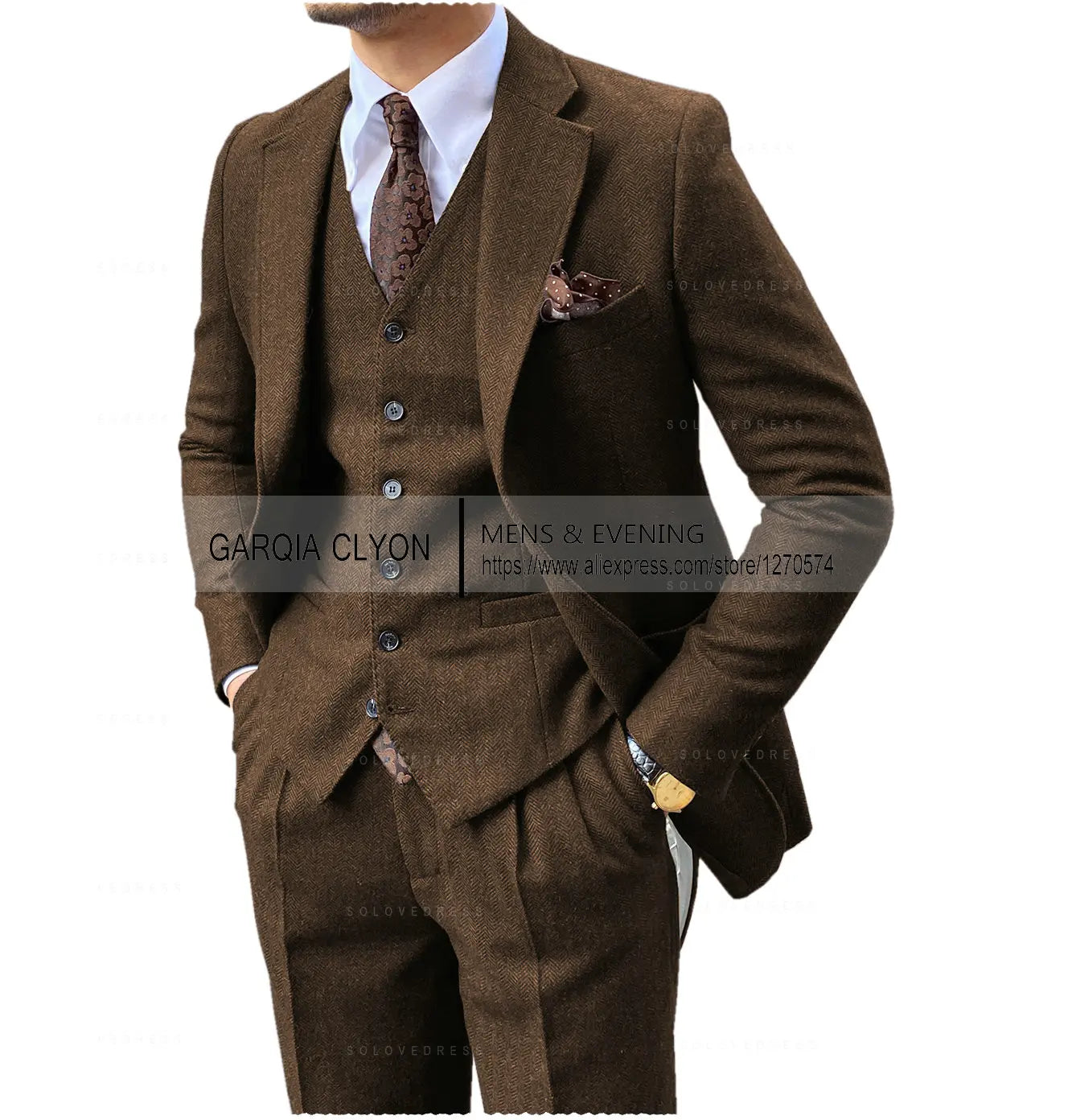 3 Pieces Men's Suits Tweed Herringbone Slim Fit Business Cauasl