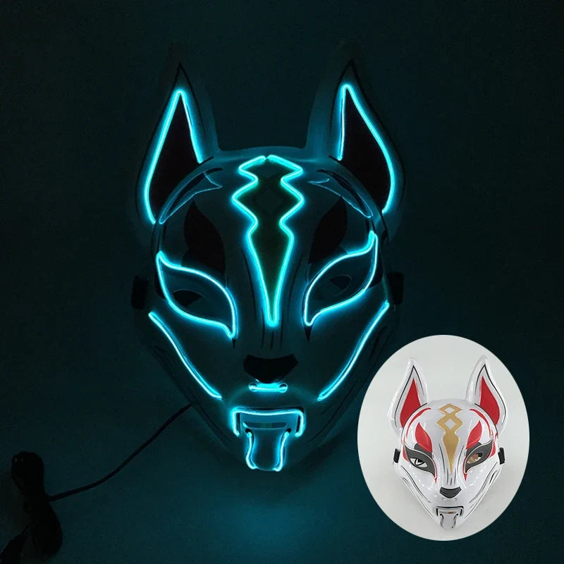 LED Fox Mask Neon Light Up Japanese Kitsune Mask for Halloween Cosplay Party Rave Festival Costume Glowing EL Wire Masque