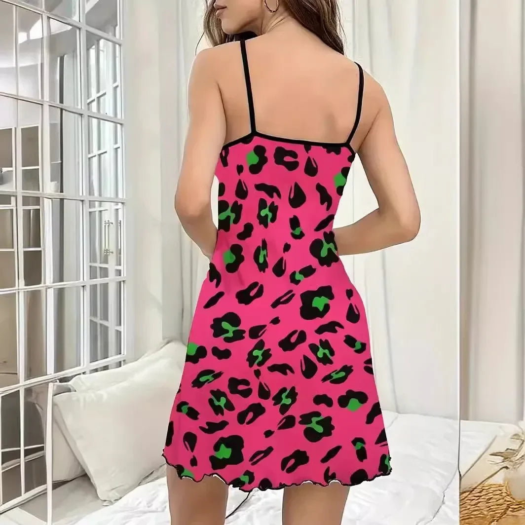 Summer Sexy Leopard Printed Nightdress Women Loungewear Nightgown Spaghetti Straps Slip Mini Dress Comfy Sleepwear