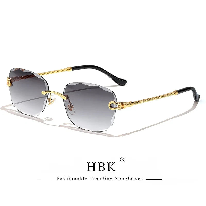 HBK Frameless Metal Sunglasses Men Wave Cutting Sun Glasses for Women Travel Shopping Shades Eyeglass UV400 Summer Style
