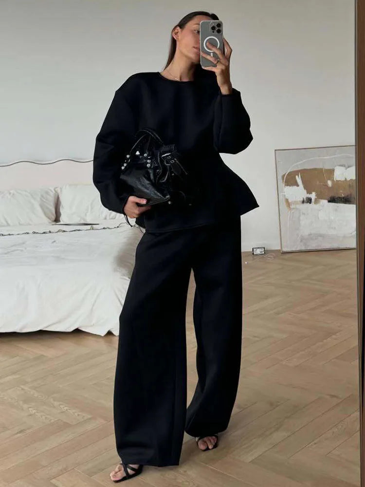 BJTZ 2026 Spring Autumn Women Solid Crew Neck Long Sleeve Top Wide Leg Pants 2 Piece Set Casual Tracksuit Outfits