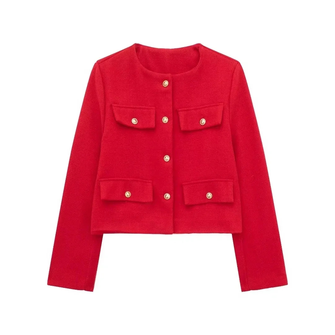 HH Women Vintage Solid Coat Button Long Sleeve O Neck Jacket With Pocket 2024 Spring Elegant Female Casual Outerwear Jakcet