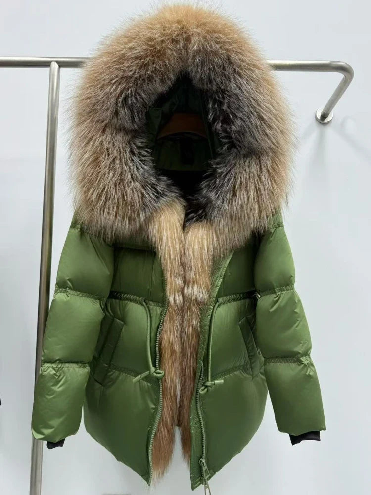 Fox Fur Jacket Women Loose Hooded White Goose Down Coat Female New Autumn Winter Thick Warm Natural Real Fur Puffer Jacket Lady