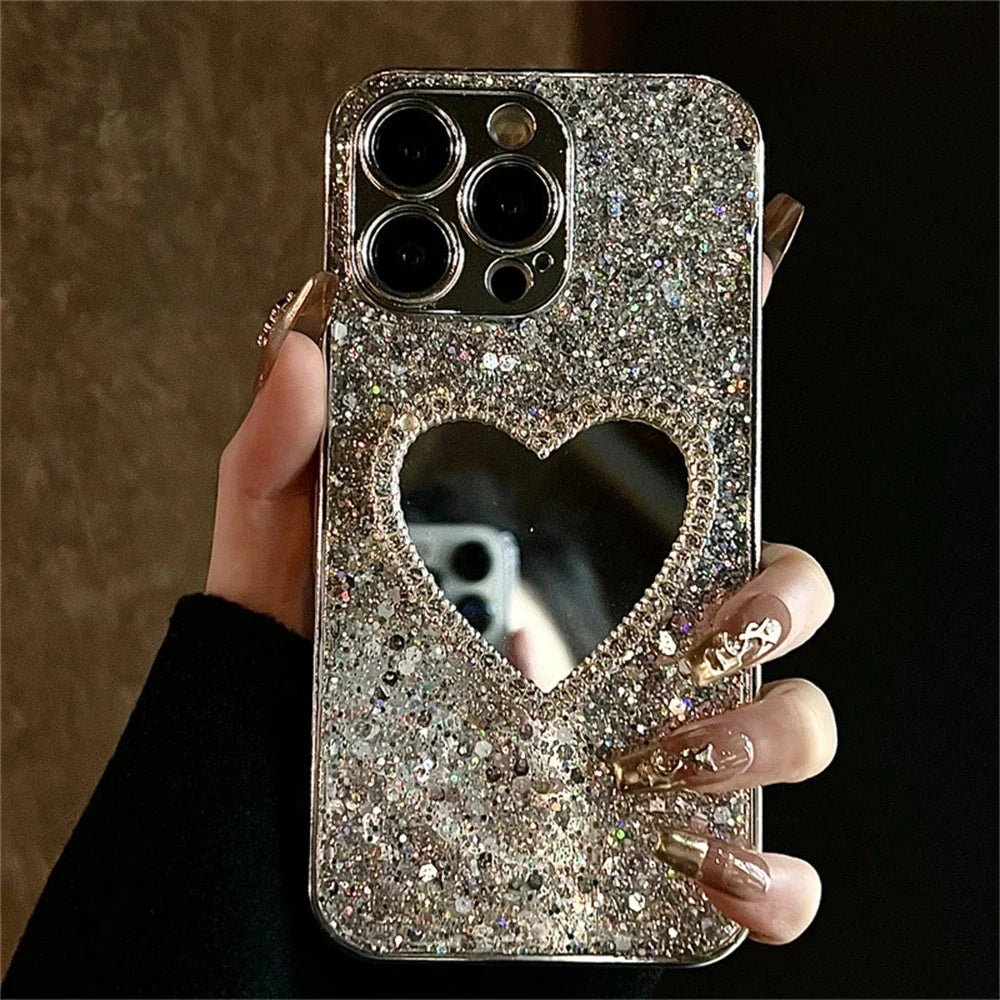 Luxury Bling Glitter Plating 3D Love Heart Mirror Sequins Phone Case