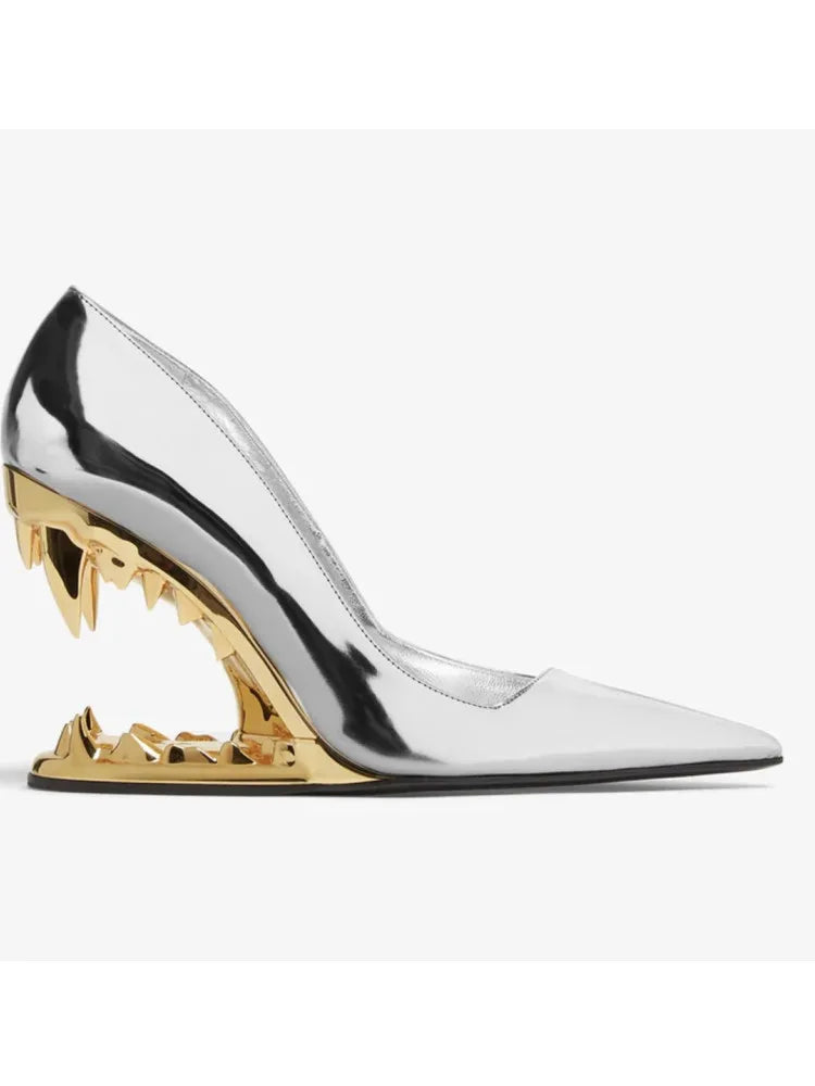 2026 Summer New Metal Tiger Teeth Single Shoes, High Heels, Fashion Show, Women's Wear, Size 44 Women's Sandals