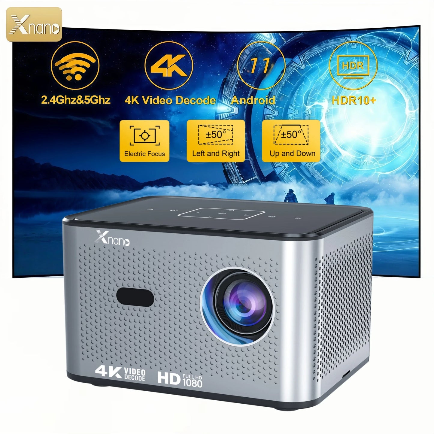 Xnano X3 Pro Native 720P Projector, 300 ANSI Lumens, Electric Focus, Auto Keystone, Wi-Fi 6, Bluetooth 5.0, Portable Mini Projector, 4K Decoding, Touch Control, Low Noise, Home Theater, Outdoor Movie Projector for Bedrooms an