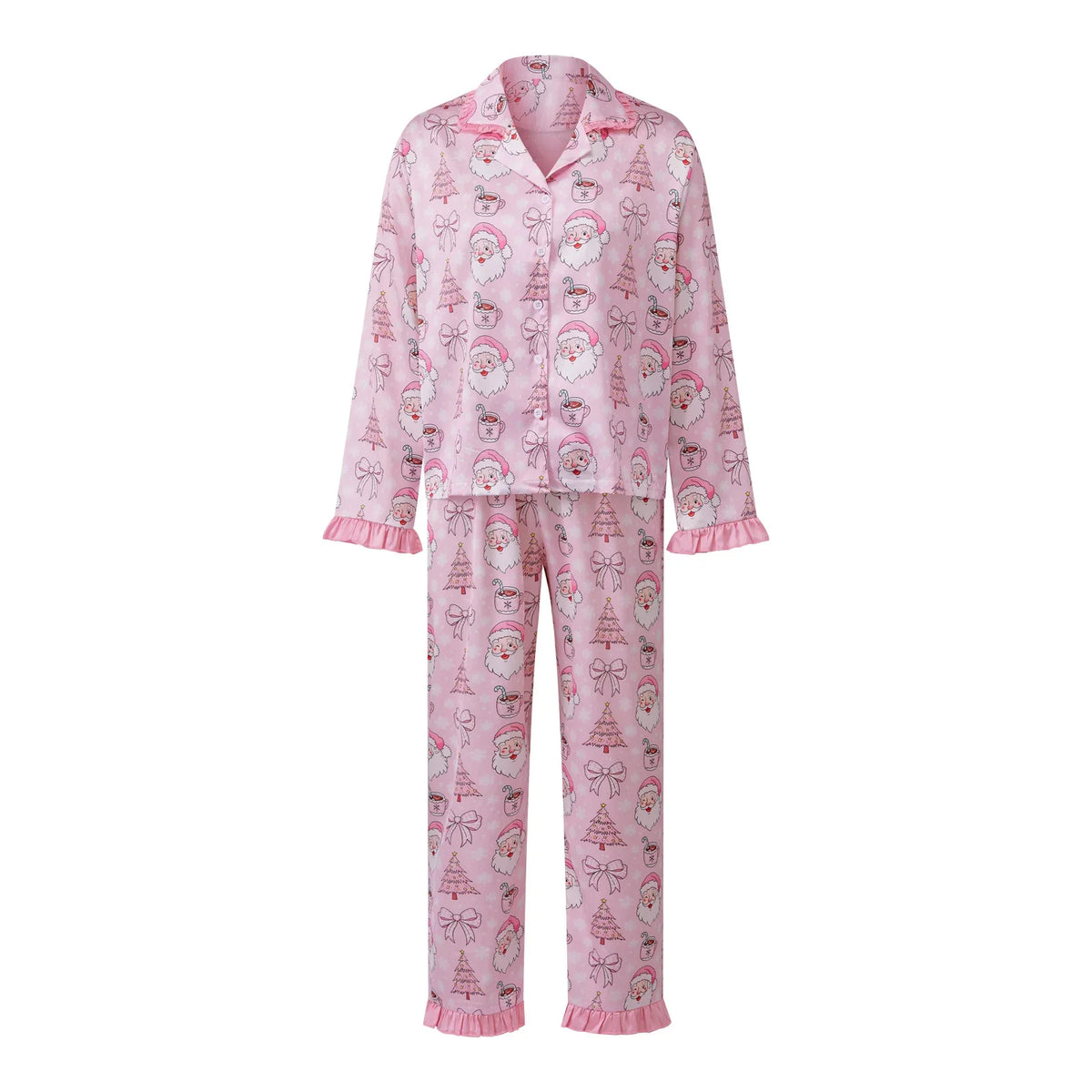 Women's Christmas Pajama Set Featuring Festive Santa Tree and Bow Prints 2 Piece Lounge Nightwear Sleepwear