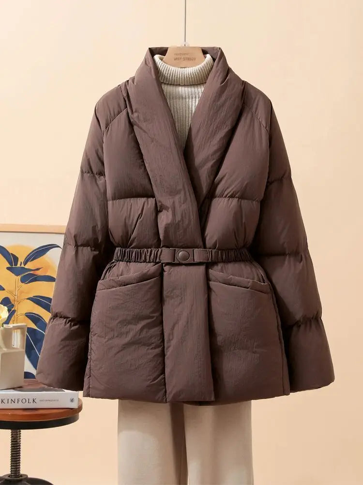 New Fashion Temperament Cotton Coat Women Winter Warm Solid Color V-neck Gathered Waist Jacket Coats Parkas with Belt