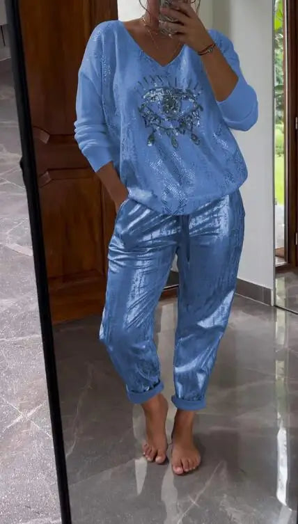 Plus-size Suit Women's Casual Fashion Metal Eye Decoration Long-sleeved Shirt Casual Pants Plus-size Women's Clothing 2025