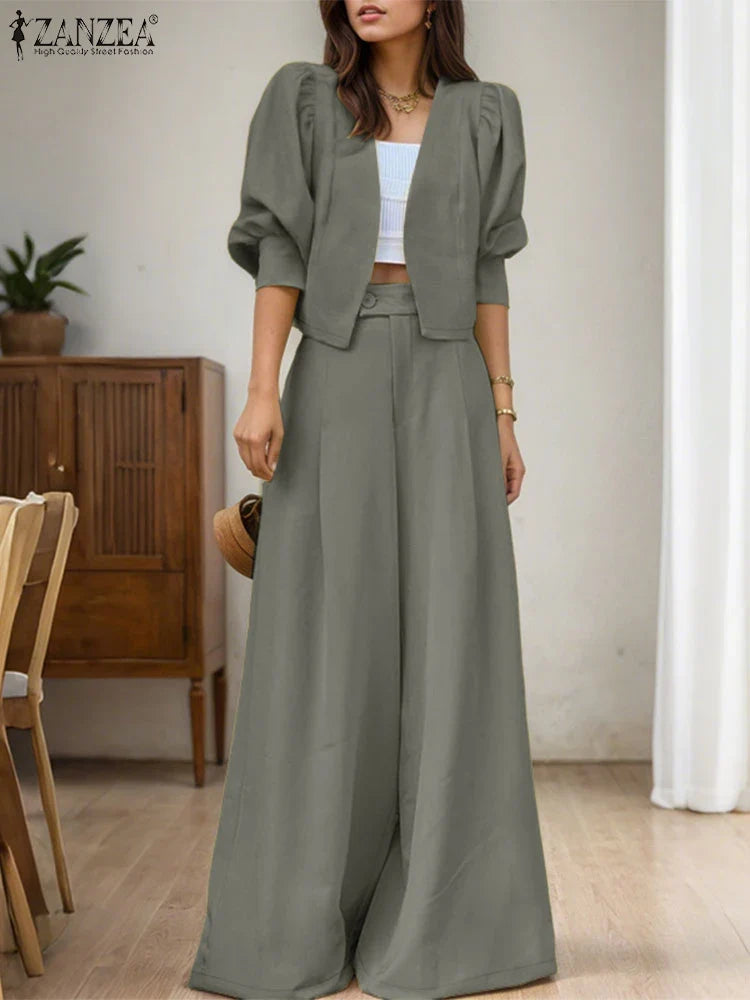 ZANZEA Elegant 2pcs Women Pant Sets Long Sleeve Cardigan Suit and High Waist Wide Leg Pants 2025 Fashion Solid Two-piece Outfits