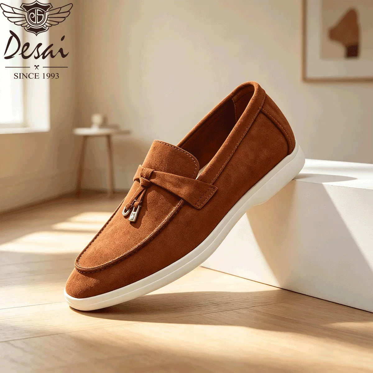 Desai Men's Faux Suede Loafers Metal Buckle Tassel Slip-on Casual Driving Shoes Lightweight Comfort