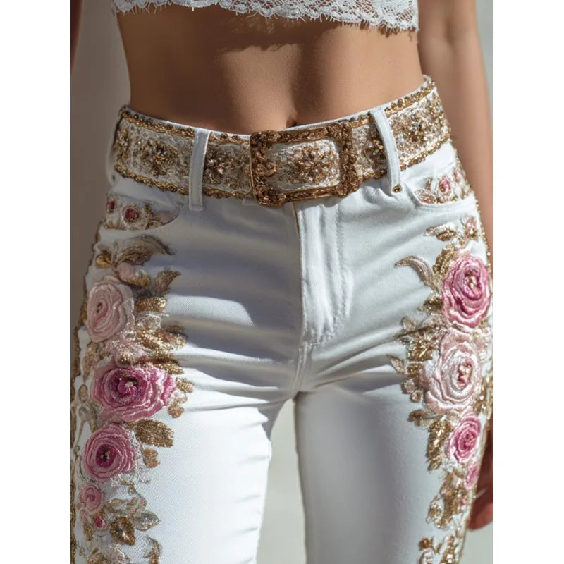 Women's Fashion Floral Jeans Straight Leg Denim Pants European American Style